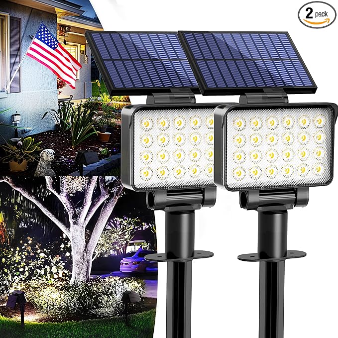 Solar Spot Lights Outdoor Waterproof for Flag, Tree, House, Garden, Yard, 3 Brightness Modes Solar Powered Landscape Spotlights 2 Pack Cool White