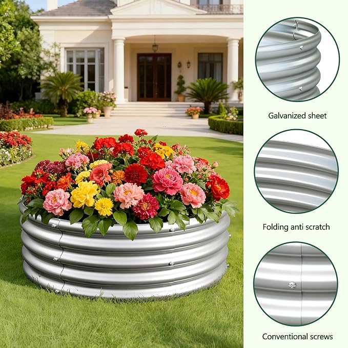 2x2x1ft(2 Pack) Galvanized Round Raised Garden Bed,Outdoor Planter Box Metal Patio Kit Planting Bed for Vegetables Flowers Herb,Silver