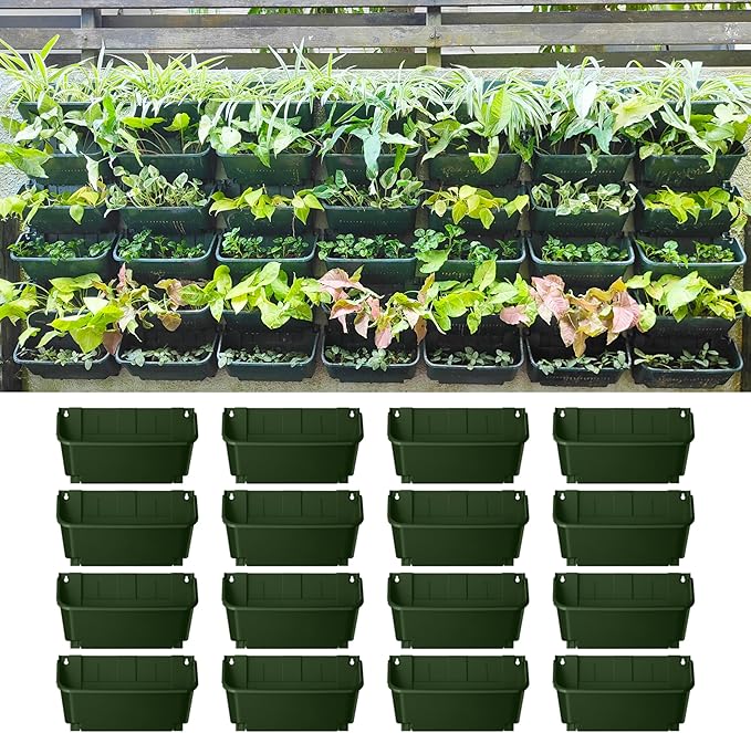 Maxona Vertical Garden Planter - 16 Pack, 13 inch Wall Mounted Planters for Patio Outdoor Decor, Home Green Plastic Balcony Pot, Plant Vegetable Fruit Herb Hanging Pocket Holder Flowerpot