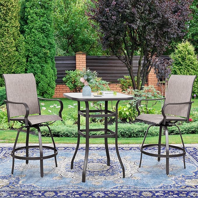 Vongrasig 3 Piece Patio Swivel Bar Set, All Weather Mental Textilene High Swivel Stools Chair Set of 2 and Glass Bar Table, Outdoor High Top Bistro Set for Lawn Garden, Balcony, Taupe
