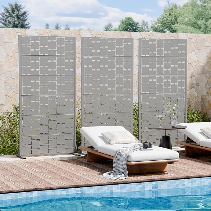 Casaphoria Metal Privacy Screen Outdoor, 72" H x 35" W Freestanding Decorative Privacy Screen for Patio Deck Balcony Garden with Stable Base, Grey-Square