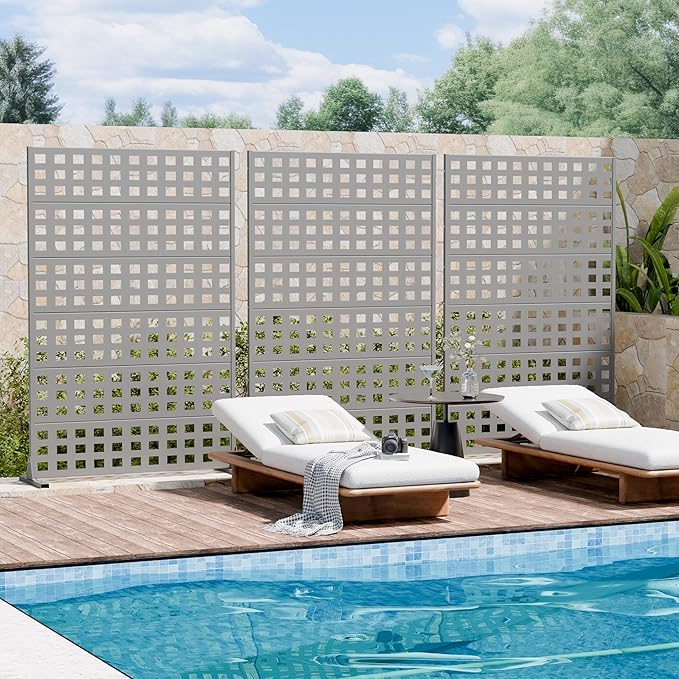 Casaphoria Metal Privacy Screen Outdoor, 72" H x 47" W Freestanding Decorative Privacy Screen for Patio Deck Balcony Garden with Stable Base, Grey-Square