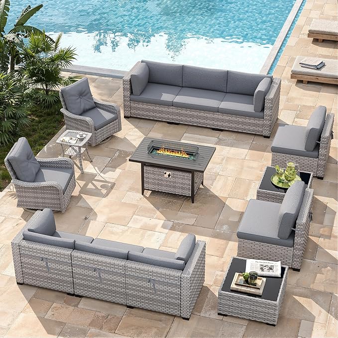10-Seat Outdoor Wicker Patio Furniture Set with Fire Pit Table, Modular Rattan Sectional Sofa & 2 Swivel Rocking Chairs, 4" Thick Cushions, Rust-Resistant Frame,Gray