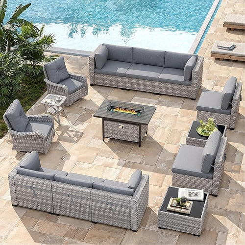 10-Seat Outdoor Wicker Patio Furniture Set with Fire Pit Table, Modular Rattan Sectional Sofa & 2 Swivel Rocking Chairs, 4" Thick Cushions, Rust-Resistant Frame,Gray