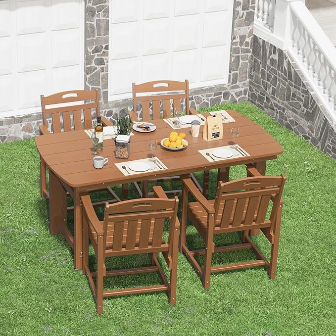 5-Piece Outdoor Dining Furniture Set with Chairs, All-Weather HDPE Patio Table and 4 Chairs, Umbrella Hole, for Garden Backyard or Deck - Teak
