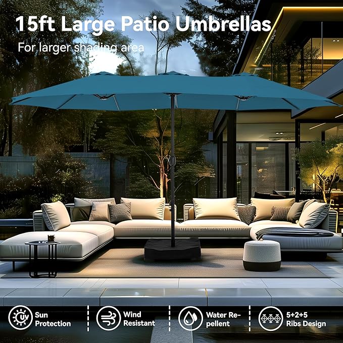 PHI VILLA 15ft Large Patio Umbrellas with Base Included, Outdoor Double-Sided Rectangle Market Umbrella with Crank Handle, for Poolside Lawn Garden, Cyan