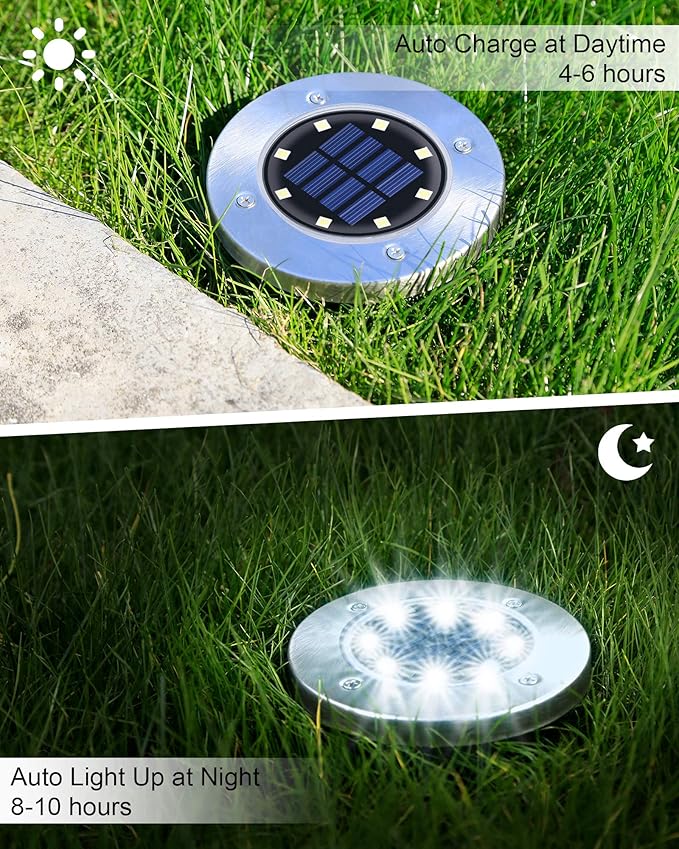 UFOND 12 Pack Solar Ground Lights，Outdoor Waterproof LED Gardenlight, Disklights for Lawn Pathway Yard Walkway Driveway Patio Deck, Solar Lights (Cold White)