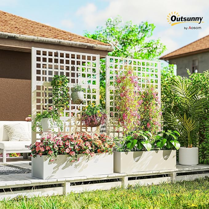 Outsunny Galvanized Raised Garden Bed with Trellis, Metal Planter Box with Drainage Holes, Outdoor Privacy Screen for Climbing Plants, Vegetable, Vines, 43" x 16" x 70", 2 Pack, White