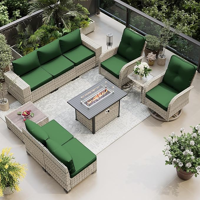 10-Piece Outdoor Patio Furniture Set with Rocking Swivel Chair, PE Wicker Rattan Sectional Sofa Patio Conversation Set with 55,000 BTU Fire Pit Table & Coffee Table, Green