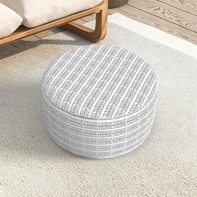 LVTXIII Indoor/Outdoor Extra Large Inflatable Ottoman Pouf D31 x H14 Inch, Round Footstool with Handle, Weather-Resistant Portable Furniture for Patio, Camping, Beach, Herringbone Black White