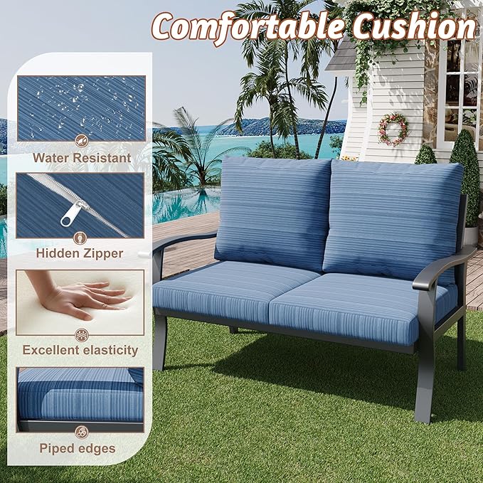 HOMREST Outdoor Loveseat Aluminum Patio Furniture Sofa, All-Weather Metal Outdoor Couch with Cushions, Blue