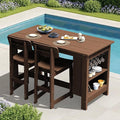 SERWALL 3-Piece Outdoor Counter Height Bar Set, HDPE Patio Bar Table with Wine Rack & Storage Shelf, 2 All-Weather Bar Stools, Patio Bar Dining Furniture Set for 3, Brown