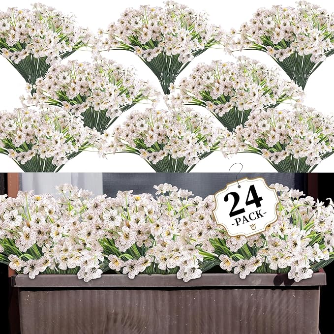 24 White Bundles Artificial Flowers for Outdoors/Indoors Fake Flowers Plants for Indoor Outside Garden Porch Window Box Home Wedding Farmhouse