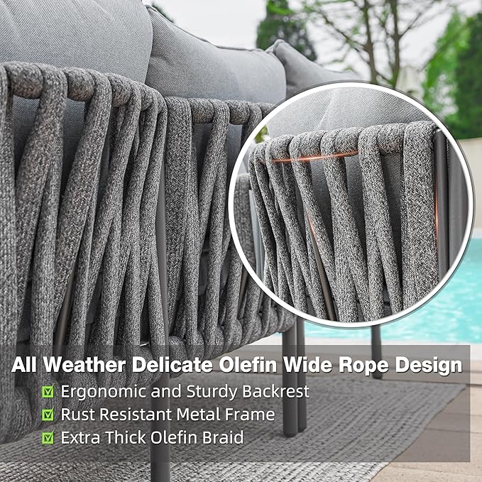 Outdoor Patio Furniture, 6 Pieces Outdoor Sectional L-Shaped Sofa Patio Conversation Sets, Patio Furniture Set with Thick Cushions and Coffee Table for Garden, Poolside, Backyard, Grey