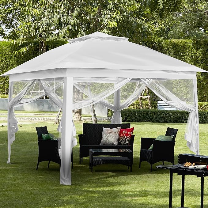GDY 11x11 Pop Up Canopy Tent, Outdoor Canopy with Netting, Outdoor Gazebo for Backyard, Tent with Hand Bag, White.