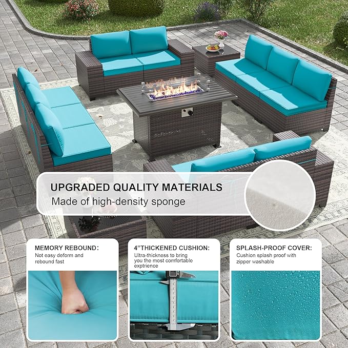 Kullavik 13 Pieces Outdoor Patio Furniture Set with 43" 55000BTU Gas Propane Fire Pit Table PE Wicker Rattan Sectional Sofa Patio Conversation Sets,Blue