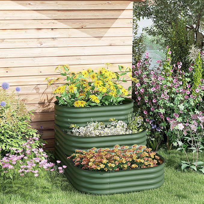 Outsunny 3-Tier Galvanized Steel Raised Garden Bed Kit, 62.25" x 43" x 32.25", 3 Combining Planter Boxes with Rubber Strip Edging, Open Bottom for Backyard, Garden, Patio, Green