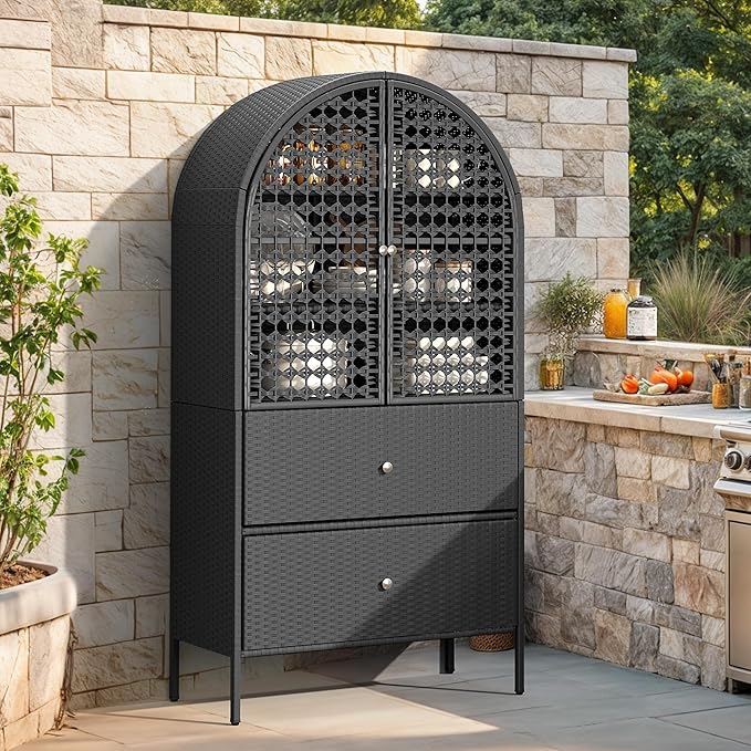 YITAHOME 65 Inch Outdoor Storage Shed, Arched Wicker Stand-Up Pantry with 3 Shelves & 2 Drawers, Rustic Storage Cabinet Patio Furniture for Backyard Garden Patio Lawn (Black)
