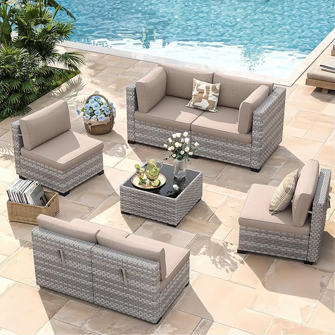 6-Seat Modular Patio Furniture Set – Outdoor Wicker Sectional Sofa with Thick 4″ Cushions, Dual-Strand PE Rattan, Rust-Resistant 18 mm Steel Frame, Backyard Garden Deck Lounge,Beige