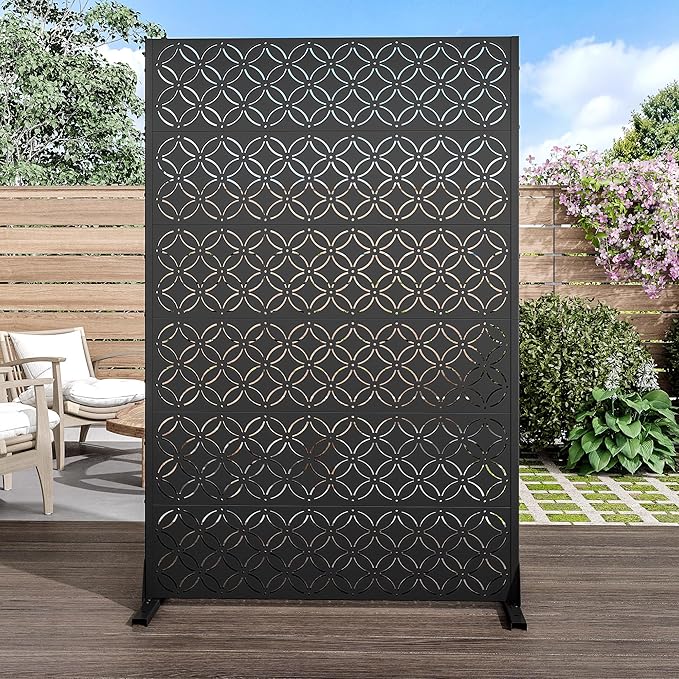 Casaphoria Metal Privacy Screen Outdoor, 72" H x 47" W Freestanding Decorative Privacy Screen for Patio Deck Balcony Garden with Stable Base, Palace Black