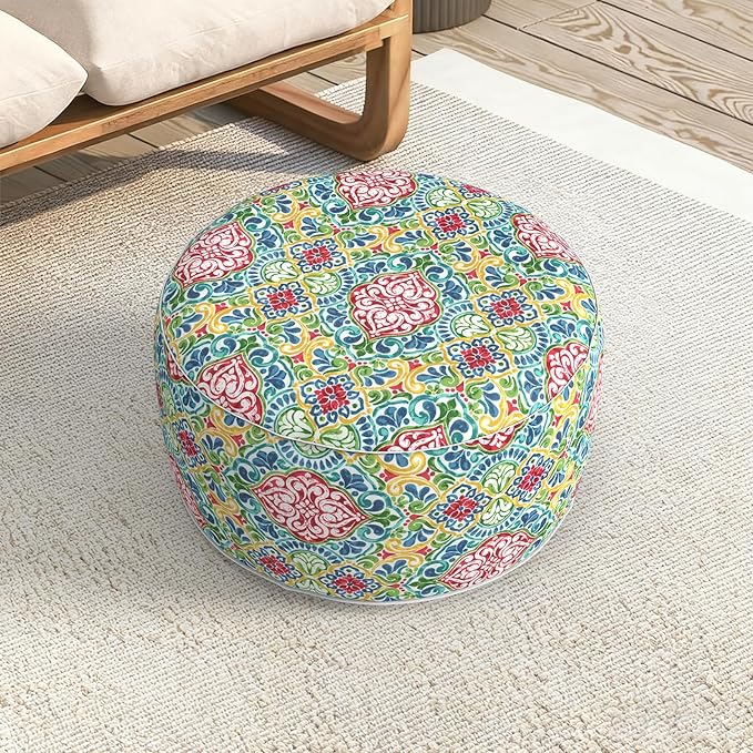 LVTXIII Indoor/Outdoor Extra Large Inflatable Ottoman Pouf D31 x H14 Inch, Round Footstool with Handle, Weather-Resistant Portable Furniture for Patio, Camping, Beach, Damask Red