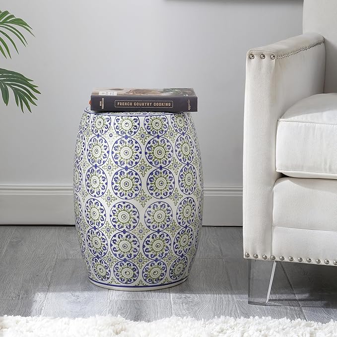JONATHAN Y TBL1025A Lula 17.25" Suzani Ceramic Indoor/Outdoor Garden Stool, Blue/Green, Classic, Coastal, Bohemian, Traditional, Mediterranean, Cottage for Living Room, Garden, Outdoor, Home