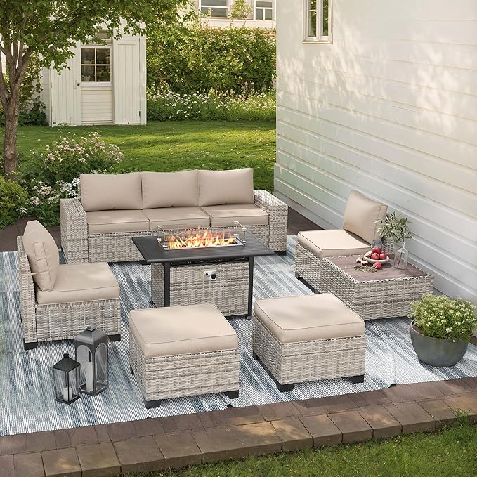 9-Piece Outdoor Patio Furniture Set with 55,000 BTU Fire Pit Table, PE Wicker Rattan Sectional Sofa Patio Conversation Set with Ottomans & Coffee Table, Sand