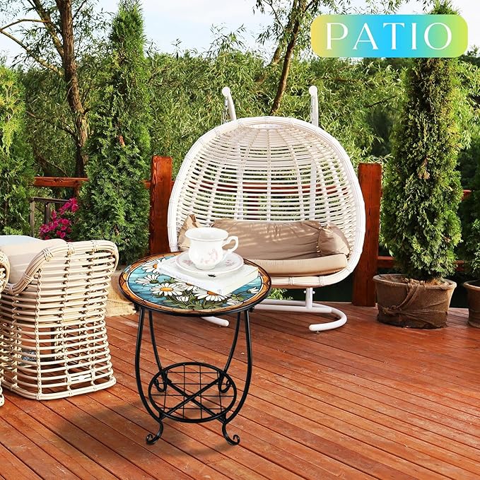 Outdoor Side Table Round Small Mosaic Patio Accent Indoor End Plant Coffee Tea Table for Yard Patio Porch Garden Living Room, Bedroom(Daisy Style,14 Inch)