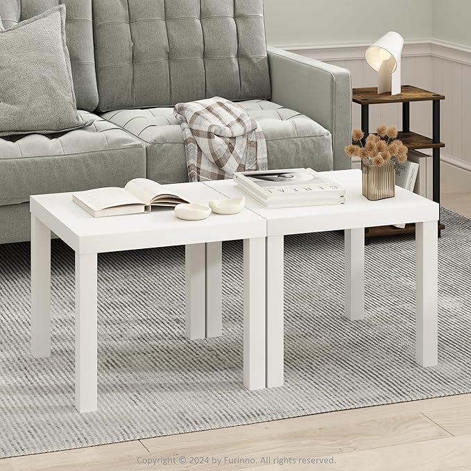 Furinno Classic Coffee Table Set of 2, Square Modern Coffee Table with Triple Thick Tabletop, Side Table with 4 Legs, for Living Room, Bedroom, Home Office, White