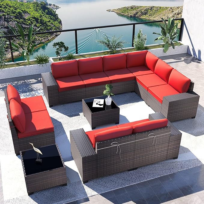 Kullavik 12 Pieces Outdoor Patio Furniture Set PE Wicker Rattan Sectional Sofa Patio Conversation Sets,Red