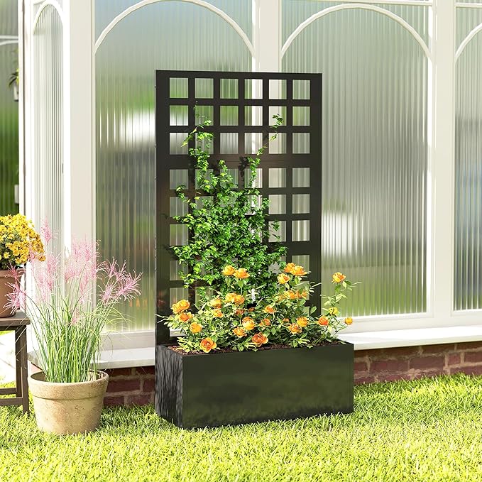Outsunny Galvanized Raised Garden Bed with Trellis, Metal Planter Box with Drainage Holes, Outdoor Privacy Screen for Climbing Plants, Vegetable, Vines, 24" x 9" x 44.5", Black