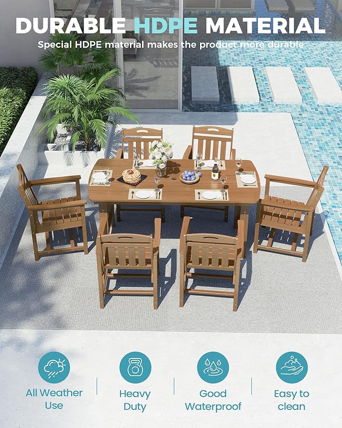 Ciokea HDPE Outdoor Dining Set, 7-Piece Patio Table and Chairs Set with Umbrella Hole, All-Weather Patio Dining Sets for 6, Durable Patio Furniture for Backyard, Garden, Lawn & Poolside, Teak