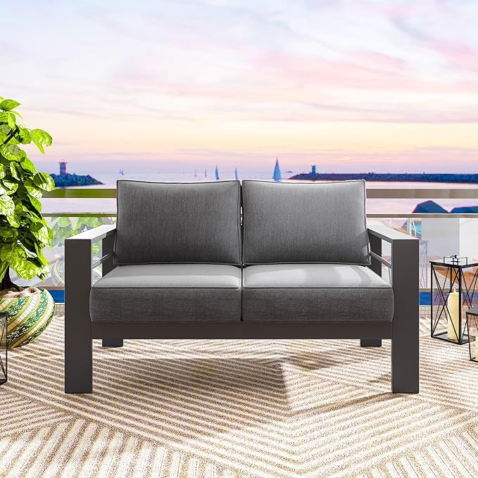 Solaste Outdoor Loveseat Aluminum Patio Furniture Sofa, All-Weather Metal Outdoor Couch with Cushions,Dark Grey