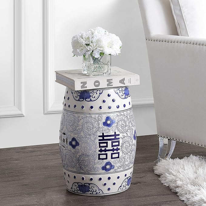 JONATHAN Y TBL1013A Double Happiness 18" Chinoiserie Ceramic Drum Indoor/Outdoor Garden Stool Bohemian, Coastal, Classic, Cottage, French Country, Traditional, Bathroom, Garden Room, Patio, Blue/White