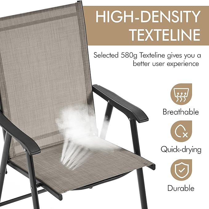 Yaheetech Patio Dining Chairs Set of 2, Portable Dining Chairs with Armrests for Camping, Lawn and Beach, Folding Patio Chairs 2-Pack of Metal Frame, Brown