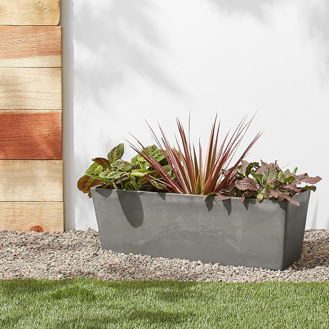 Arcadia Garden Products U65CT Plastic/Stone/Wood Composite Simplicity Window Box, No Drainage Hole (Drillable), Patio Plant Container, Indoor Outdoor Planter, 25.5" x 9, Cement Color