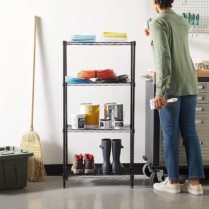 Amazon Basics 4-Shelf Steel Wire Storage Shelves for Garage, Adjustable Metal Shelving Unit, 200 lbs Per Shelf, 23.2" W x 48" H x 13.4" D, Black | Sturdy, Adjustable, Easy Assembly, Storage