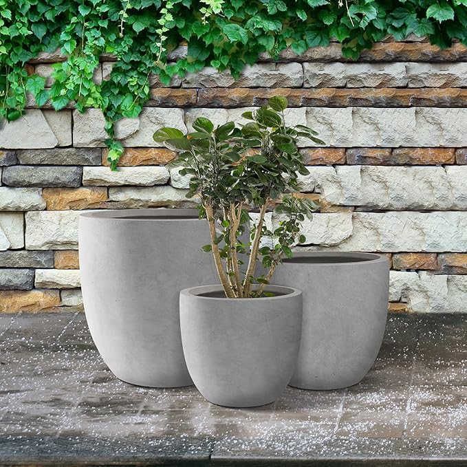 Kante 20",16.5",13.4" Dia Round Concrete Planters (Set of 3), Outdoor Indoor Modern Decorative Plant Pots with Drainage Hole & Rubber Plug for Home & Garden, Natural Concrete