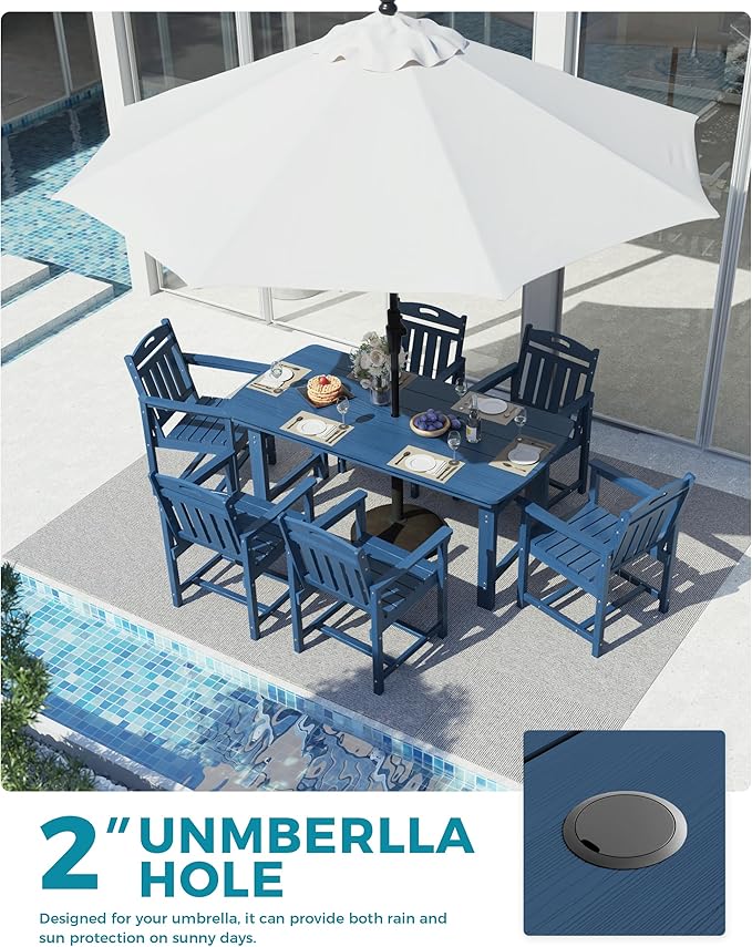 Ciokea HDPE Outdoor Dining Set, 7-Piece Patio Table and Chairs Set with Umbrella Hole, All-Weather Patio Dining Sets for 6, Durable Patio Furniture for Backyard, Garden, Lawn & Poolside, Navy Blue