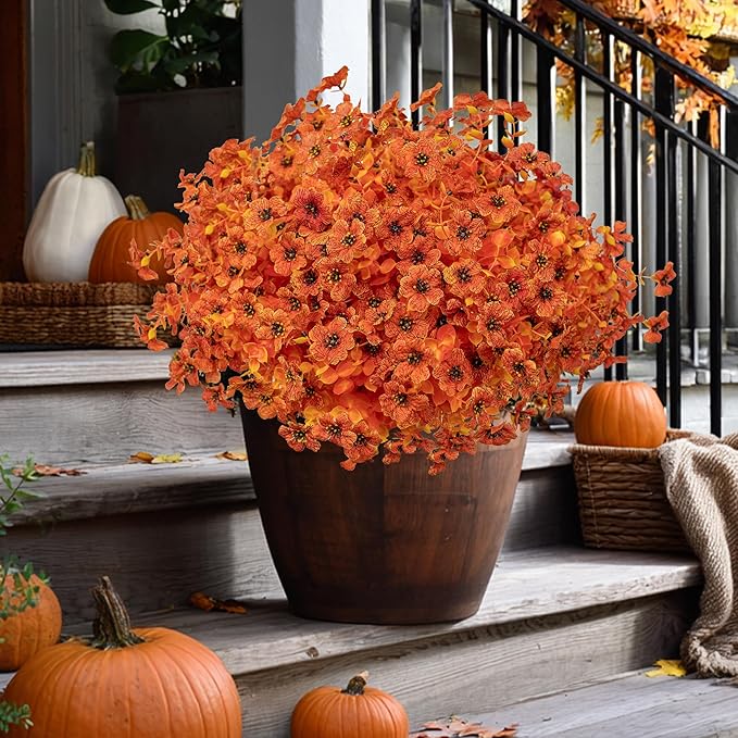Artificial Fall Flowers Outdoor Fake Mums - 16 Bundles Fake Plants UV Resistant No Fade Faux Plastic Greenery Garden Porch Patio Fall Home Decor (Orangeyellow)