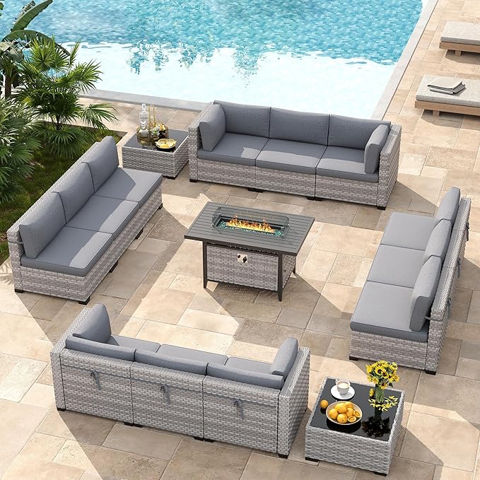12-Seat Modern Outdoor Wicker Rattan Patio Furniture Set with 55,000 BTU Fire Pit Table, Thick 4″ Cushions, All-Weather Dual-Strand Rattan, Rust-Resistant Steel Frame,Gray