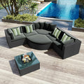 Merax 7-Piece Outdoor Wicker Sectional Sofa Set,Modular Rattan Conversation Set with Gray Cushions,Striped Green Pillows & Tempered Glass Coffee Table for Patio,Garden,Deck,Black