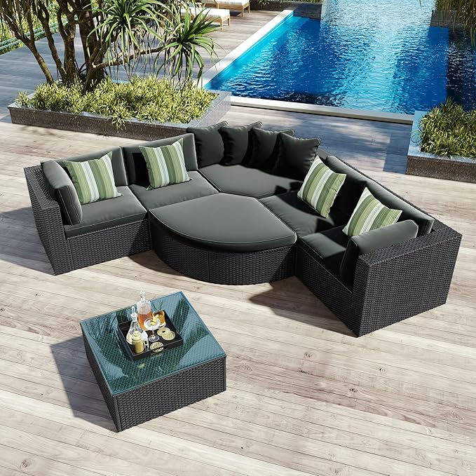 Merax 7-Piece Outdoor Wicker Sectional Sofa Set,Modular Rattan Conversation Set with Gray Cushions,Striped Green Pillows & Tempered Glass Coffee Table for Patio,Garden,Deck,Black