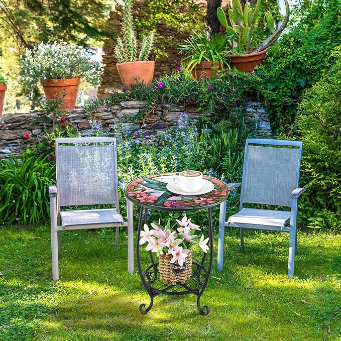 Outdoor Side Table Round Small Mosaic Patio Accent Indoor End Plant Coffee Tea Table for Yard Patio Porch Garden Living Room, Bedroom(Hummingbird Style,16 Inch)