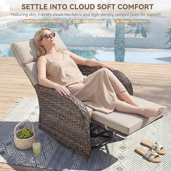 Zero Gravity Patio Swivel Rocking Recliner Chair - Wicker Outdoor Lounge Chair with Adjustable Backrest & Footrest, All Weather Reclining Rocker Chairs with Thick Cushion for Pool Deck Beige