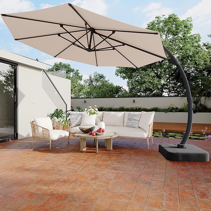 GarveeLife 11FT Cantilever Patio Umbrella With Base Included, Cantilevers Outdoor Umbrella Heavy Duty Offset, Aluminium Curved Cantilever Umbrella