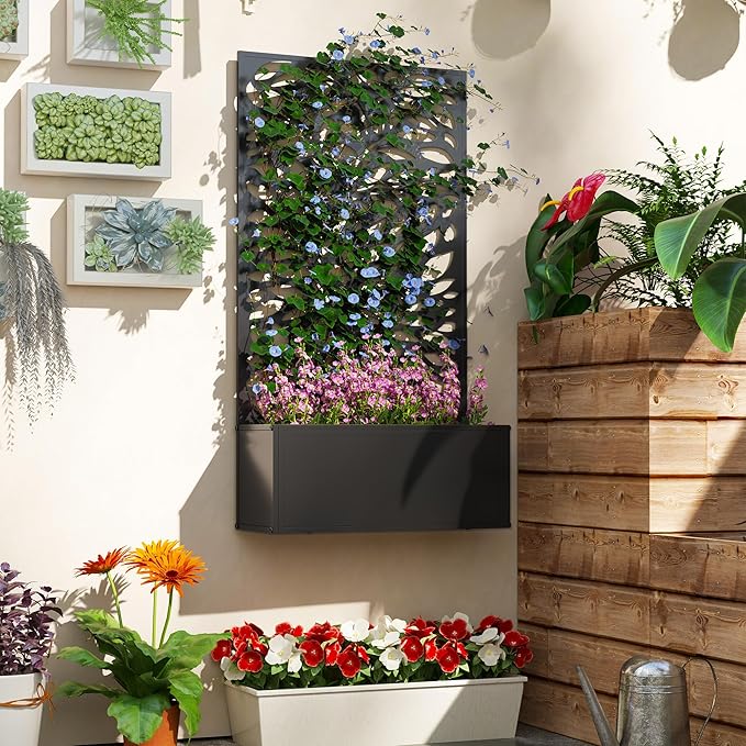 Outsunny Metal Raised Garden Bed with Trellis for Climbing Plants, Freestanding or Wall Mounted Flower Bed with Privacy Panel, Leaves Cut-Outs Outdoor Planter Box for Garden, Patio, Balcony