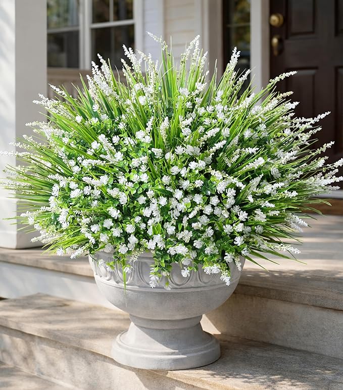 HyeFlora 20 Bundles Artificial Fake Outdoor Plants Flowers for Spring Decoration, UV Resistant Realistic White Plastic Flowers Faux Plant Monkey Grass for Planter Home Garden Porch Patio Window Box