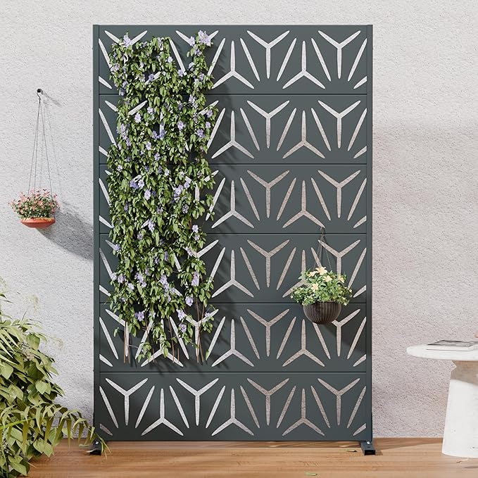 Casaphoria Metal Privacy Screen Outdoor, 72" H x 47" W Freestanding Decorative Privacy Screen for Patio Deck Balcony Garden with Stable Base, Grey-Star