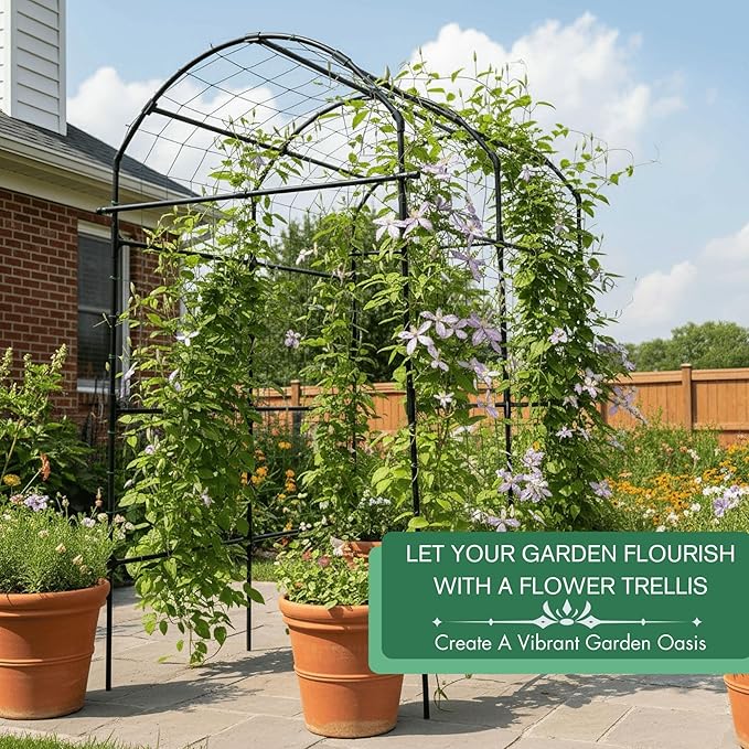 Garden Trellis Arch 7FT PP-Coated Stainless Steel Metal Extra Tall Cucumber Trellis Arch Garden Arch Trellis for Climbing Plants Outdoor Vegetable Trellis with Trellis Netting